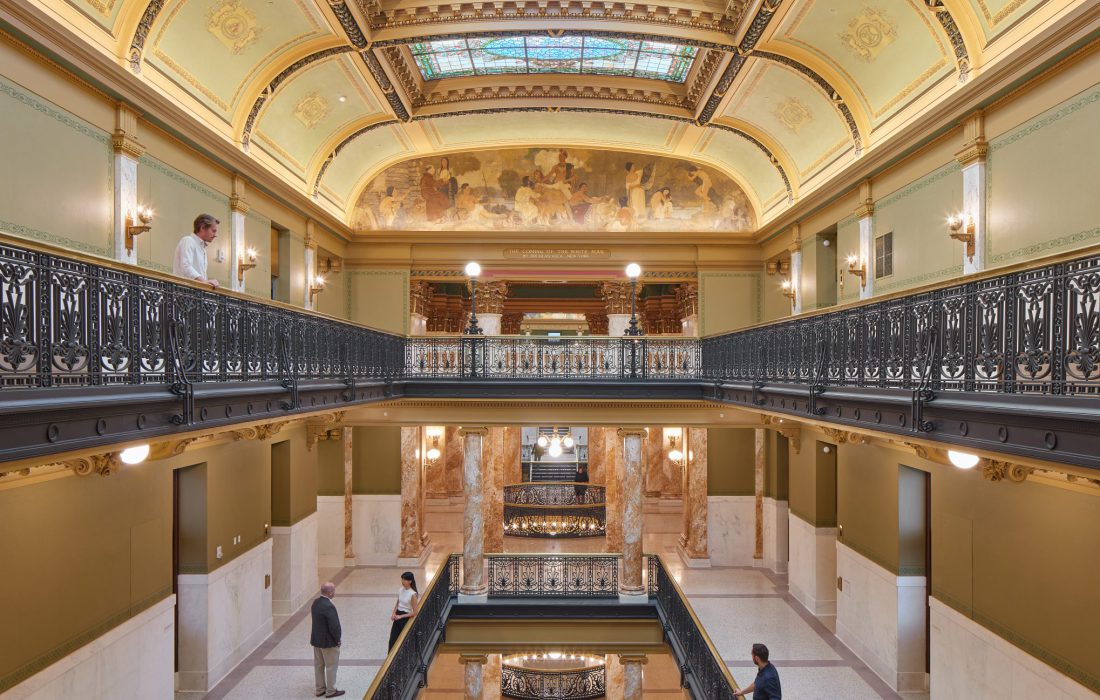 Interior shot of the historic Polk County second floor stair landing and atrium in Des Moines, Iowa