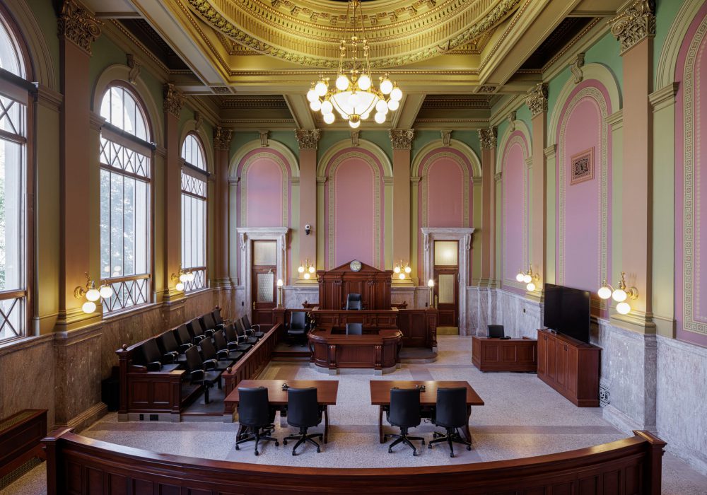 Interior shot of the historic Polk County courthouse courtroom in Des Moines, Iowa