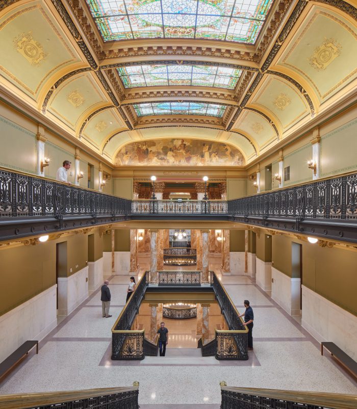 Interior shot of the historic Polk County second floor stair landing and atrium in Des Moines, Iowa