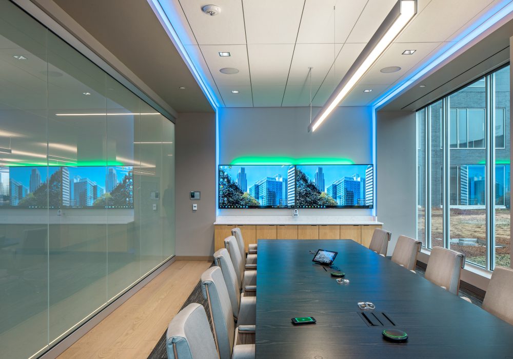 Interior view of a large conference room in the office space at 1201 Cass Street.
